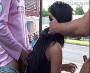 A gorgeous big breasted brunette in public street bus stop threesome orgy gang bang with 2 hung guys with big dicks fucking her with a blowjob and vaginal pussy sex action in front of all the car, bus, and truck drivers and people walking on the street from call girl and truck driver