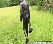 Wife in Hunter wellies and leather leggings (video via smartphone) from sexy rubber jacket sound