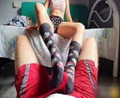 Footjob with socks and cum in his shorts from little teens non nude