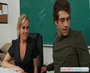 Blonde teacher Brandi Love riding cock in classroom from lesbian student seduces milf teacher