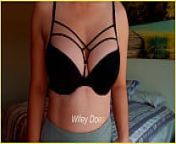 MILF hot lingerie. Big tits in black lace bra from blue bikini tryon