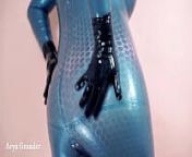 Latex Rubber Catsuit CloseUp Shiny Fetish Clothes, model Arya Grander from rubber catsuit models