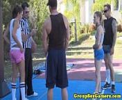 Sporty amateurs playing party games from sax game