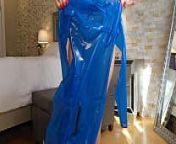Dressing up with my transparent blue latex catsuit from latex transparent stocking