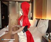 Little Red Riding Hood cosplayed girl gives a guy a hand job with showing her panties from little cfnm