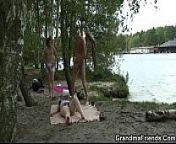 Hot 3some with old blonde bitch outdoors from old women with boy