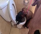 Desi whore gets walked like a to the toilet to get her face pissed on and sucks cock from indian desi shiting in toilet video