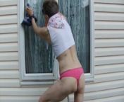 Washing Windows With Sexy Pink Thong And White Sports Bra...Look At Me! from sexy slim milf enjoys a hard fucking and a sticky facial cumshot