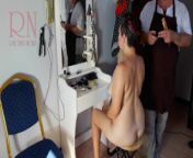 Camera in nude barbershop. Hairdresser makes undress lady ho cut her hair. Barber, nudism. CAM 1 from indian lady barber cut headshave
