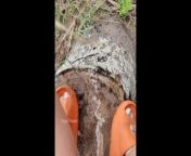 Pervert girl pissing in the woods from a tree stump from pnia