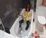 Big cock TGirl Lucy taking a bath in my lingerie and stockings from wet lingerie